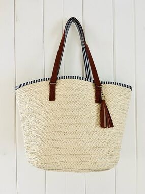 Cream Straw Tote with Brown Handles, NWOT